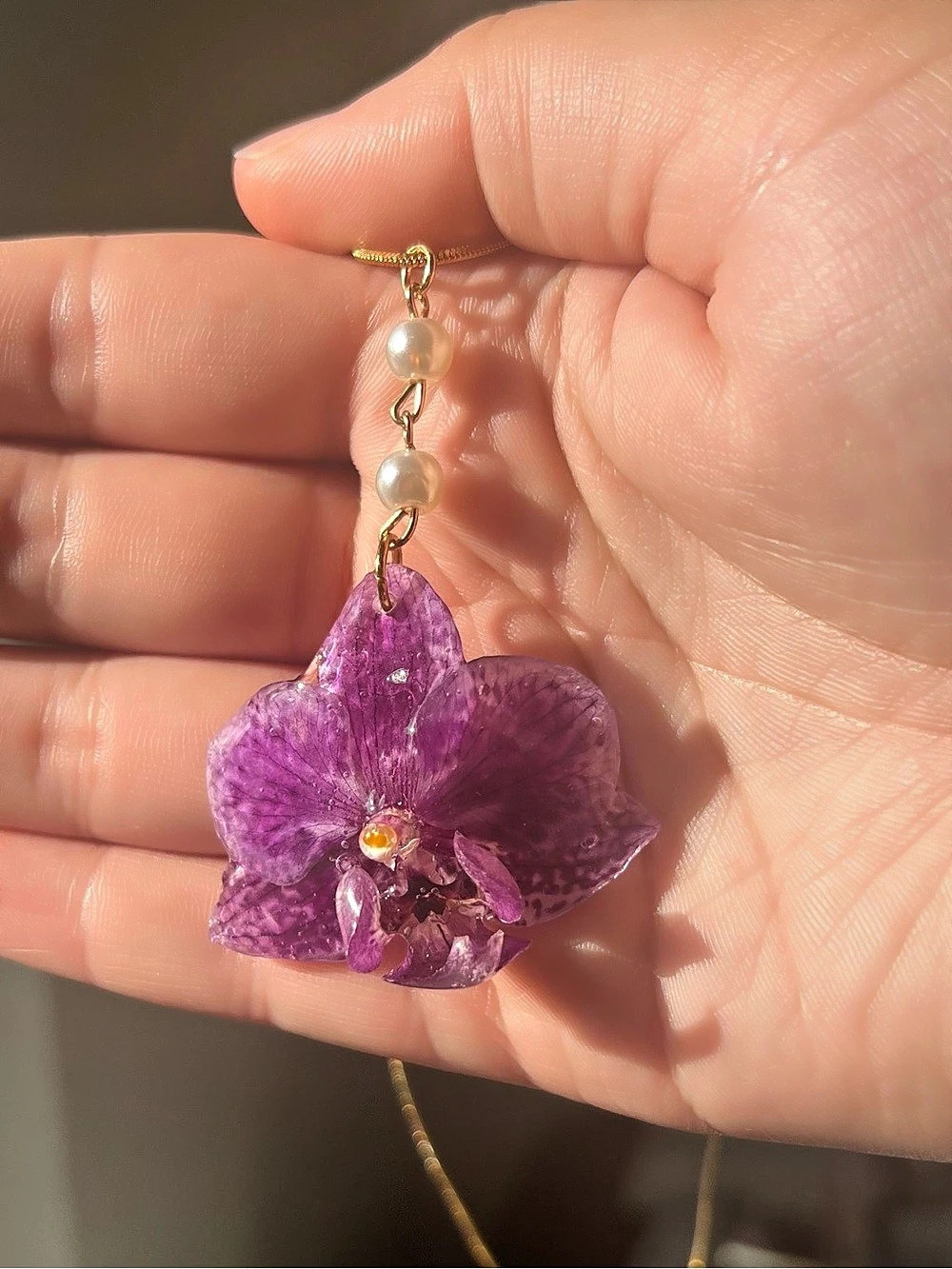 Purple & Gold Orchid Flower Pendant Necklace
